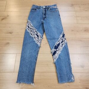 Vintage Guess Jeans Womens 26x28 Blue Lace Panel High Rise Straight USA Made 80s